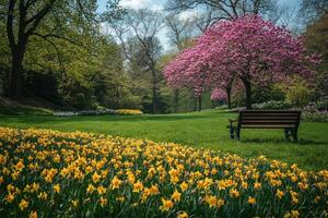 Blooming pink tree and yellow daffodils creating stunning spring landscape in park photo