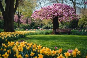 Blooming magnolia tree and daffodils creating stunning spring landscape in park photo