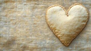 Handmade cloth heart embroidered on linen fabric representing love and crafts photo