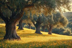 Olive trees growing in a field of yellow flowers at sunset photo