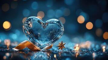 Crystal heart reflecting on a sparkling surface with golden ribbon and star photo