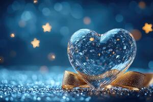 Crystal heart reflecting on a sparkling surface with golden ribbon and star photo