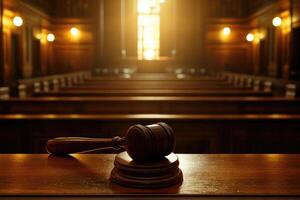 Gavel resting on judge's bench in empty courtroom with sunlight streaming through window photo
