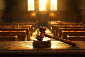 Gavel resting on judge's bench in empty courtroom with sunlight streaming through window photo