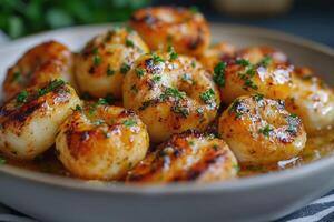 Delicious roasted scallops with butter and parsley lying in a bowl photo