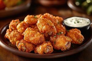 Delicious glazed chicken wings with ranch dressing on a plate photo