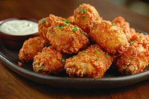 Delicious glazed chicken wings with ranch dressing on a plate photo