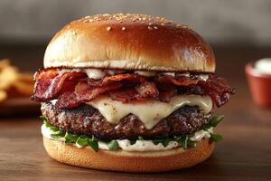 Delicious cheeseburger with crispy bacon and creamy sauce filling a soft bun photo