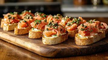 Delicious smoked salmon with cream cheese, capers, and dill on toasted baguette slices photo