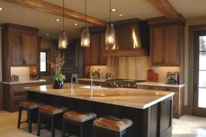 Modern rustic kitchen boasting wood cabinets, stone countertops, and stylish lighting photo