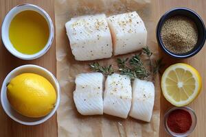Fresh cod fillets seasoned and ready for cooking with lemon, herbs, and spices photo