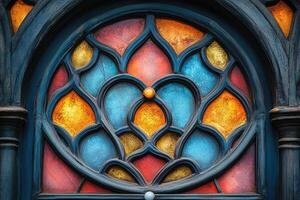 Colorful stained glass window creating a heart shape with light and shadow photo