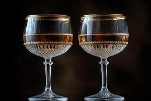Two elegant crystal glasses with golden rim filled with sparkling wine on dark background photo