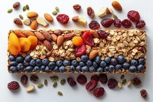 Cereal bar with nuts, dried fruits and fresh berries promoting healthy eating habits photo