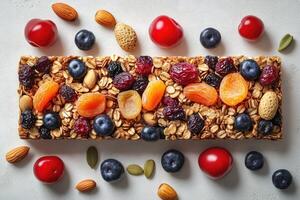 Cereal bar with nuts, dried fruits and fresh berries promoting healthy eating habits photo