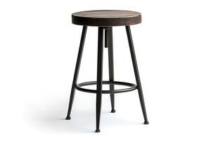 Modern adjustable bar stool with round wooden seat and black metal legs standing on white background photo