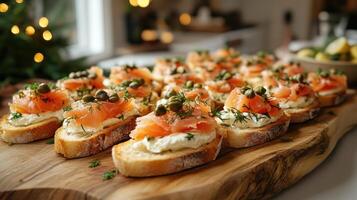 Delicious smoked salmon with cream cheese, capers, and dill on toasted baguette slices photo