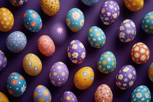 Easter eggs with floral and polka dot patterns decorating a purple background photo