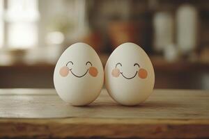 Two smiling eggs are sitting on a wooden table photo