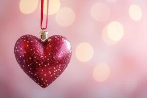 Glittery red heart ornament hanging on a ribbon against pink bokeh background photo