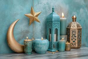 Islamic lanterns, crescent moon and stars creating festive atmosphere photo