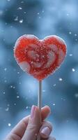 Woman holding red heart-shaped lollipop while snowing photo