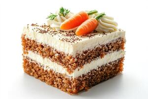 Delicious slice of carrot cake decorated with marzipan carrots and cream cheese frosting photo