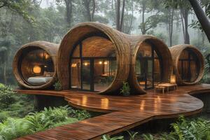Futuristic bamboo house nestled in lush rainforest during rain photo