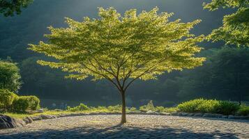 Lone tree standing in cobblestone courtyard with backlight photo