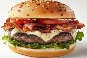 Delicious cheeseburger with crispy bacon and creamy sauce filling a soft bun photo