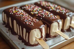 Delicious ice cream bars covered in melting chocolate and sprinkles resting on metal tray photo