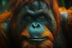 Bornean orangutan posing for a close-up portrait photo