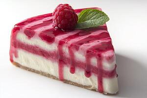 Delicious raspberry cheesecake slice with drizzled topping and fresh mint photo