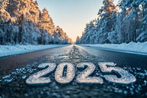 Icy 2025 sign lying on empty winter road leading to bright future photo