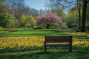 Blooming pink tree and yellow daffodils creating stunning spring landscape in park photo