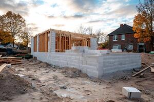 Unfinished house structure being built with concrete blocks and wooden beams photo
