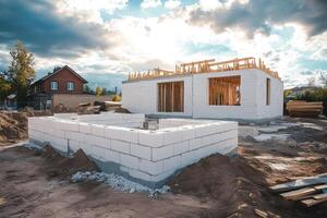 Building under construction with wooden beams and white brick foundation on a building site photo