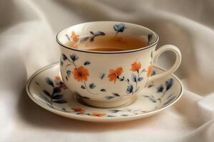 Floral teacup resting on matching saucer with silk background photo