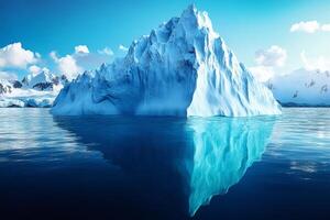 Giant iceberg floating in the ocean reflecting on calm water with snowy mountains in the background photo