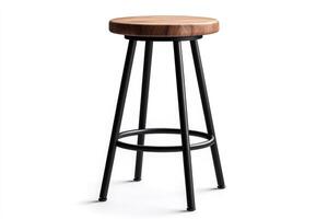 Modern bar stool with round wooden seat and black metal legs standing on white background photo
