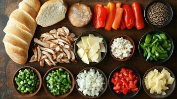 Grilled chicken, parmesan, bread and various vegetables prepared for cooking a meal photo
