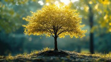 Small tree with golden leaves growing on a hill at sunset in a forest photo