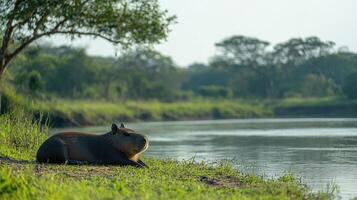Capybara resting on riverbank in natural habitat photo