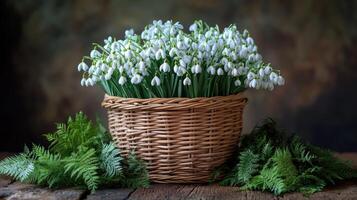 Beautiful bouquet of snowdrops in wicker basket standing near ferns on dark background photo