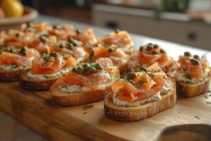 Delicious smoked salmon with cream cheese, capers, and dill on toasted baguette slices photo