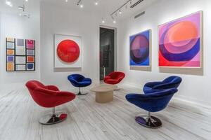 Modern art gallery interior design with colorful abstract paintings photo