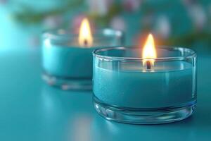 Two burning teal candles in glass holders on teal background create relaxing ambiance photo