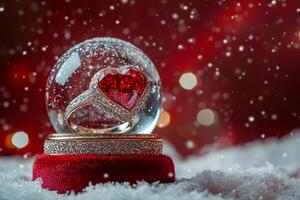 Golden ring with heart-shaped ruby in snow globe on snowy background with falling snowflakes and red bokeh lights photo