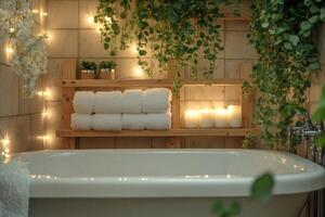 Relaxing, modern bathtub with hanging plants and string lights creating a tranquil atmosphere photo