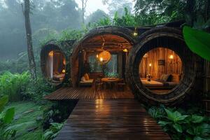 Unique bamboo house illuminated during tropical rain in green forest photo
